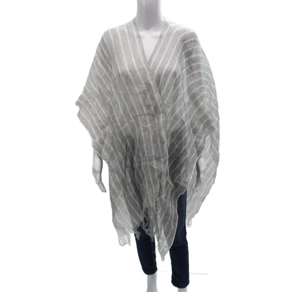 Mer Sea Womens Shawl V-Neck Sleeveless Striped Gray Linen Top Size One Size